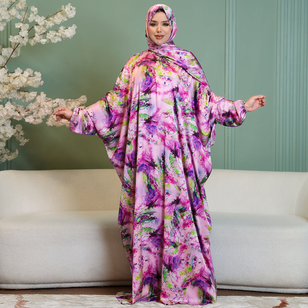 Practical Printed - silky satin prayer dress with headscarf