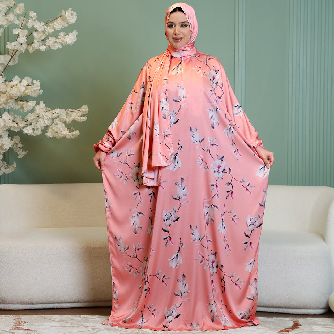 Practical Printed - silky satin prayer dress with headscarf