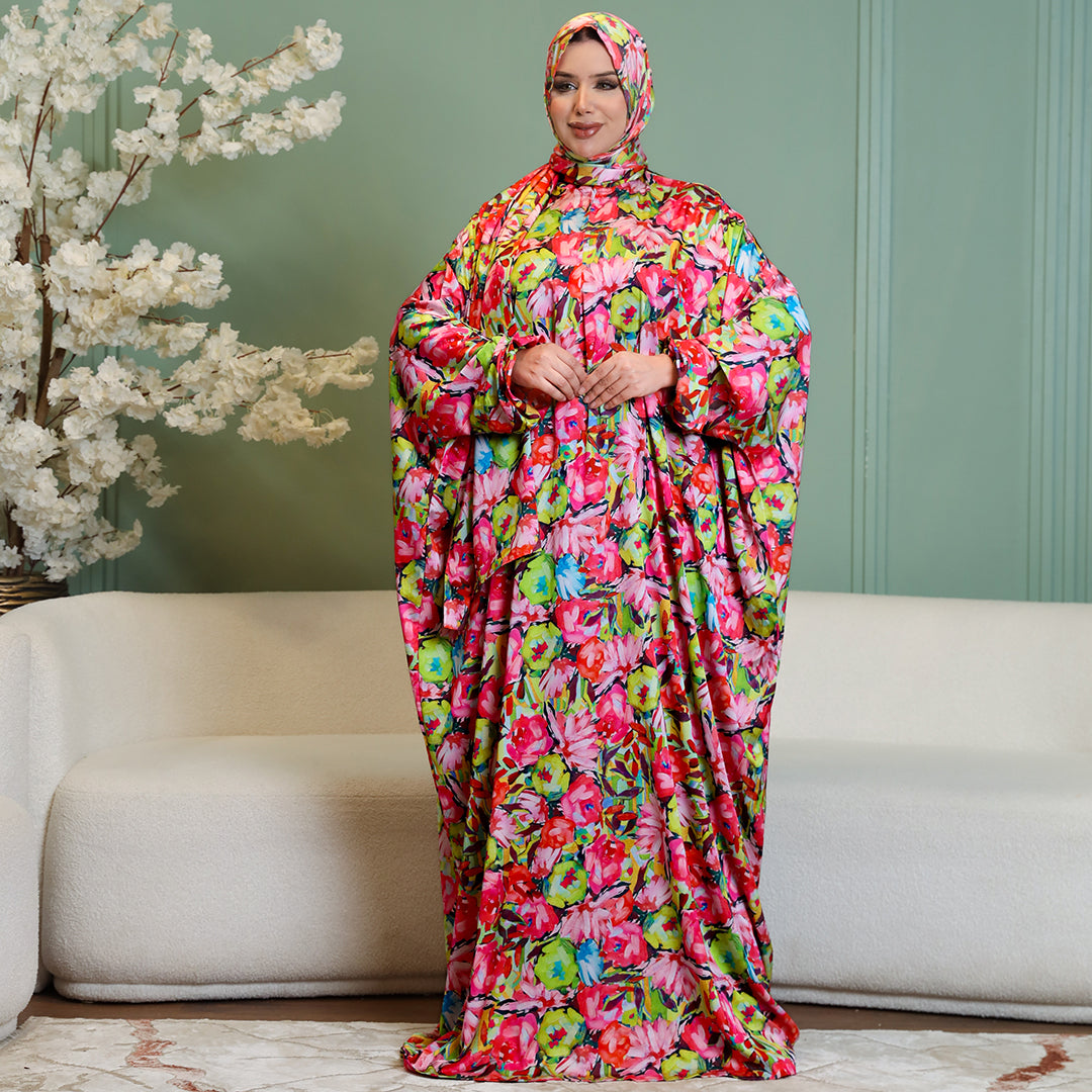 Practical Printed - silky satin prayer dress with headscarf
