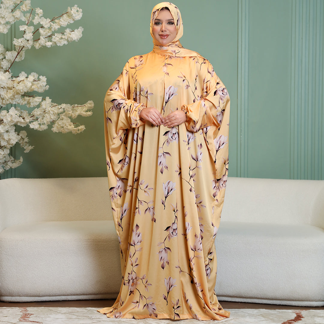 Practical Printed - silky satin prayer dress with headscarf