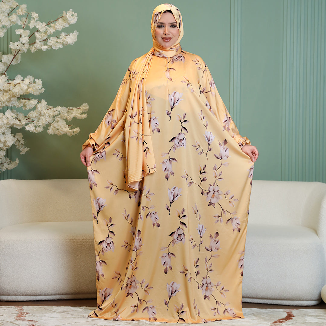 Practical Printed - silky satin prayer dress with headscarf