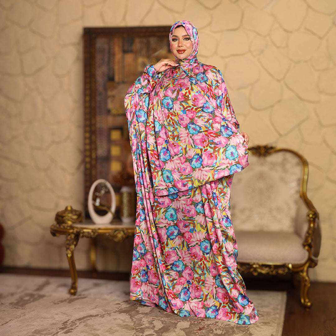 Practical Printed - silky satin prayer dress with headscarf