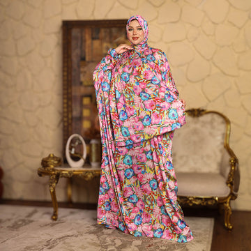 Practical Printed - silky satin prayer dress with headscarf