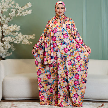 Practical Printed - silky satin prayer dress with headscarf