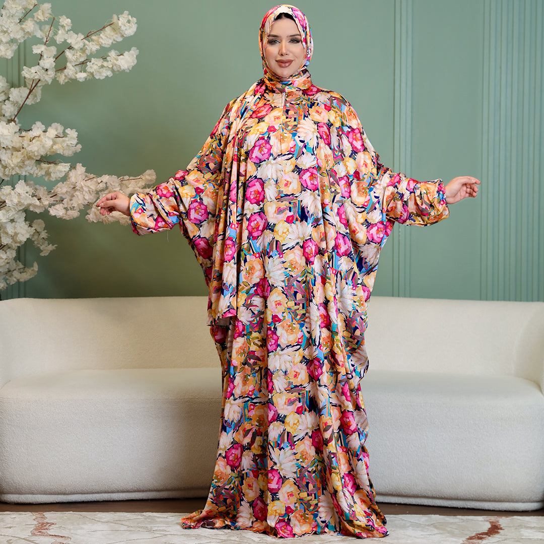Practical Printed - silky satin prayer dress with headscarf