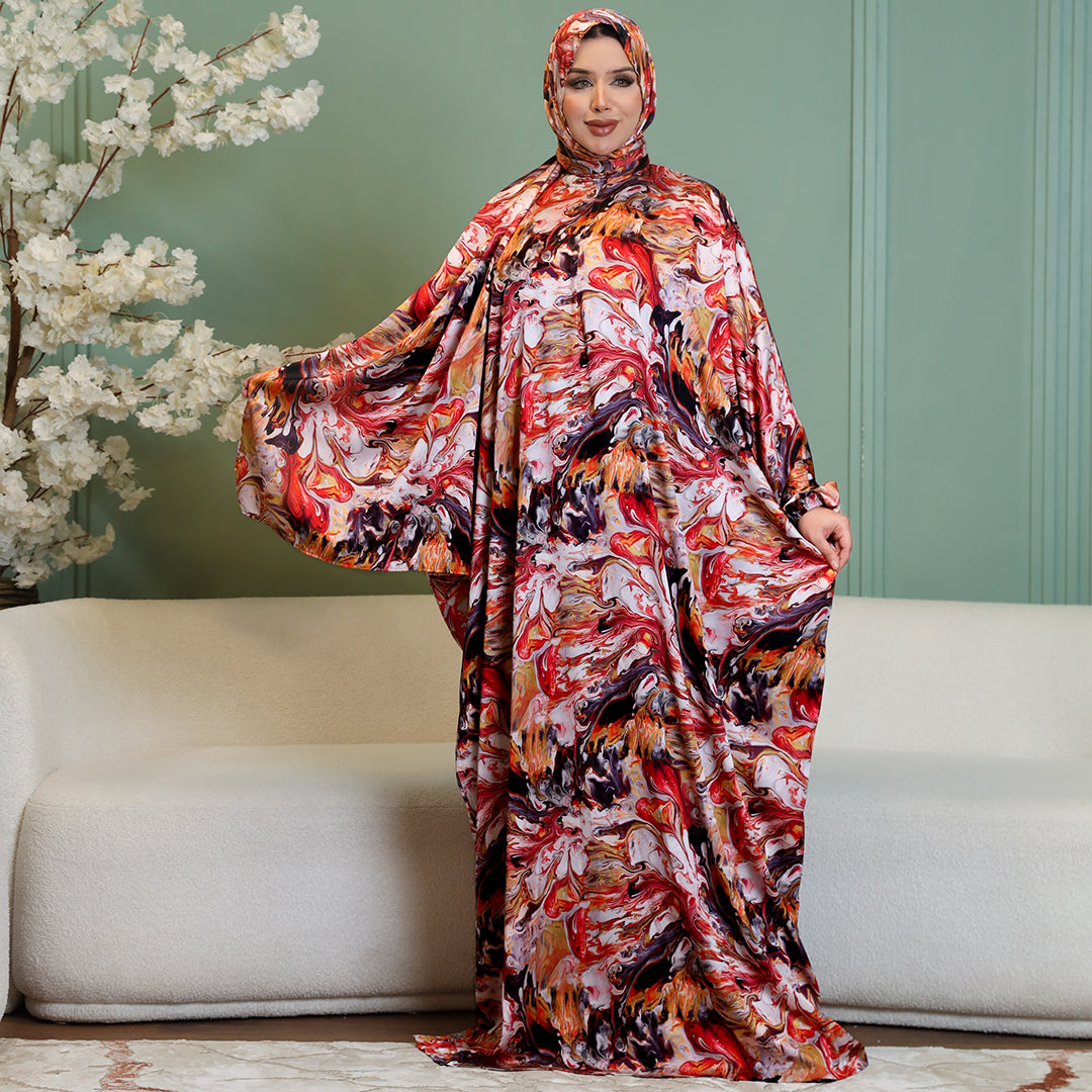 Practical Printed - silky satin prayer dress with headscarf