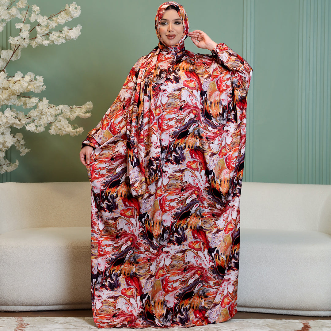 Practical Printed - silky satin prayer dress with headscarf