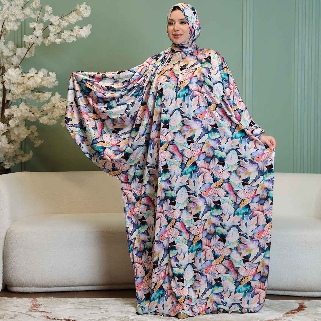 Practical Printed - silky satin prayer dress with headscarf