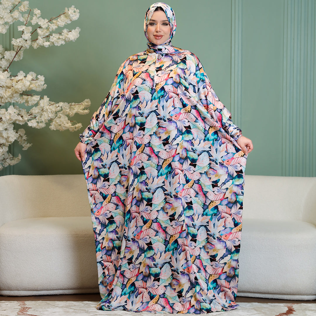 Practical Printed - silky satin prayer dress with headscarf