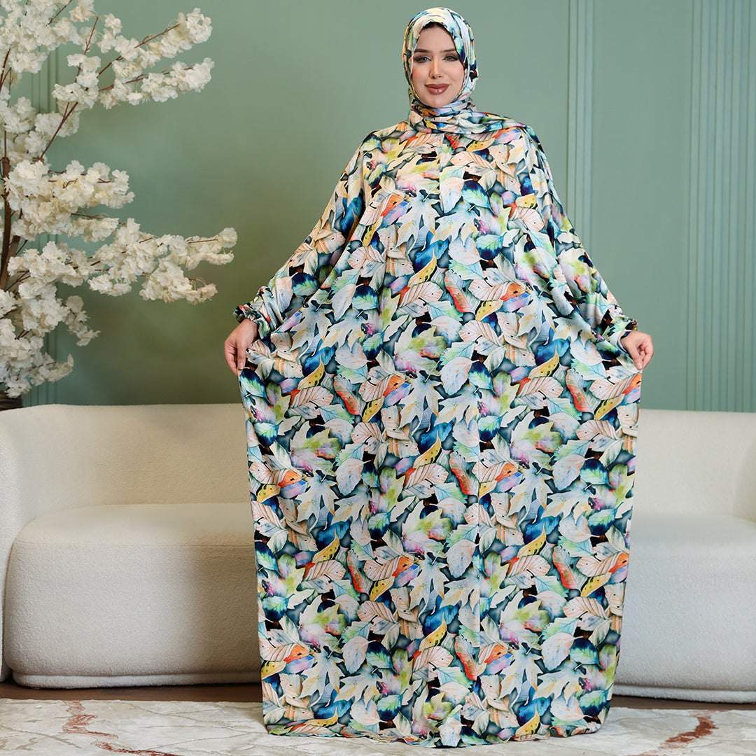 Practical Printed - silky satin prayer dress with headscarf