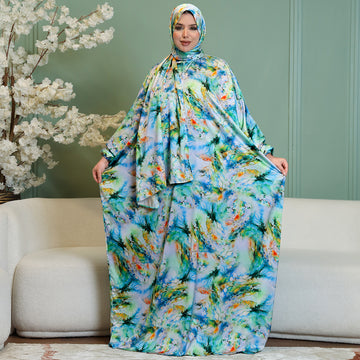 Practical Printed - silky satin prayer dress with headscarf