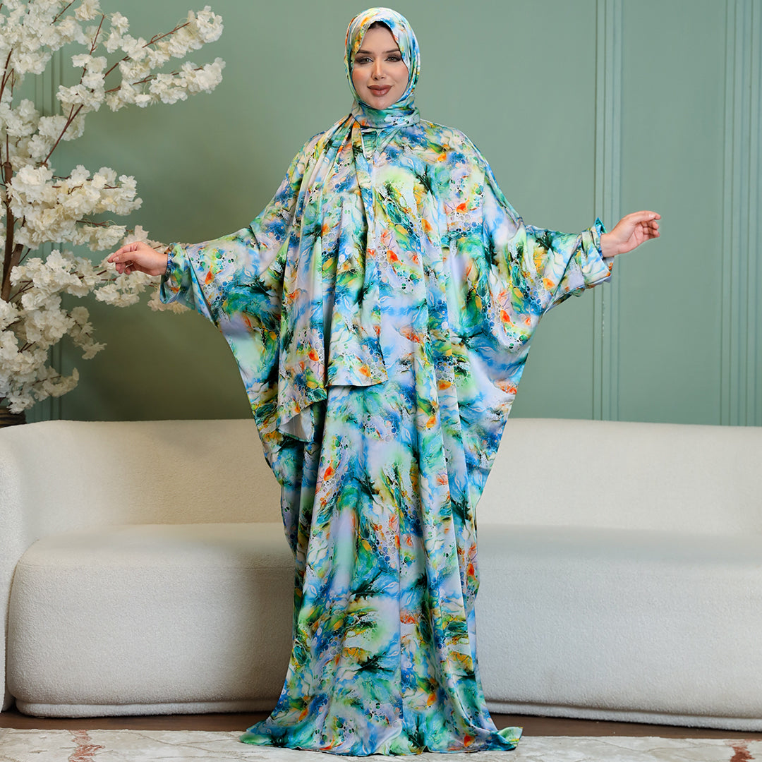 Practical Printed - silky satin prayer dress with headscarf