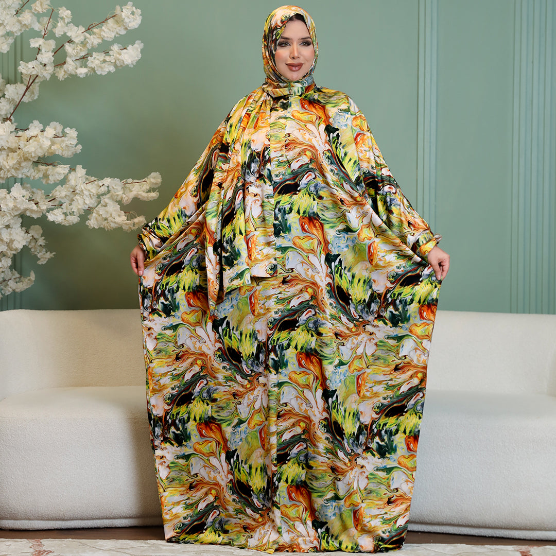 Practical Printed - silky satin prayer dress with headscarf