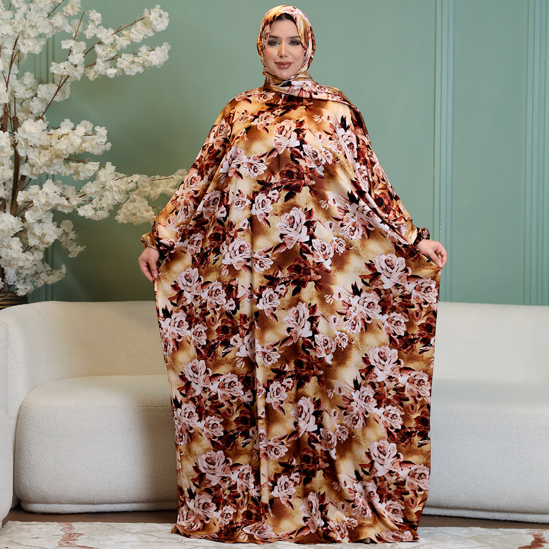 Practical Printed - silky satin prayer dress with headscarf