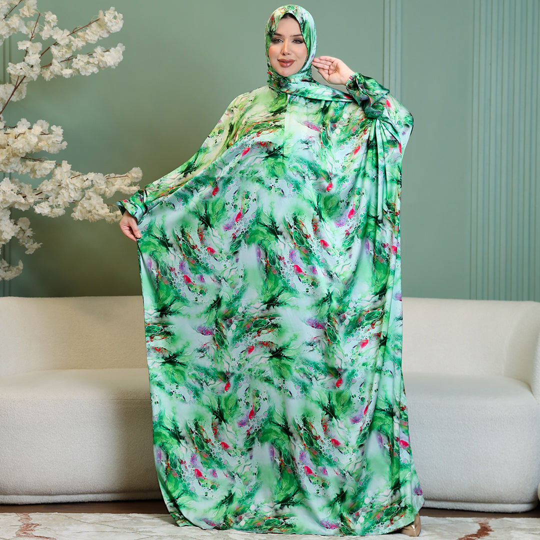 Practical Printed - silky satin prayer dress with headscarf