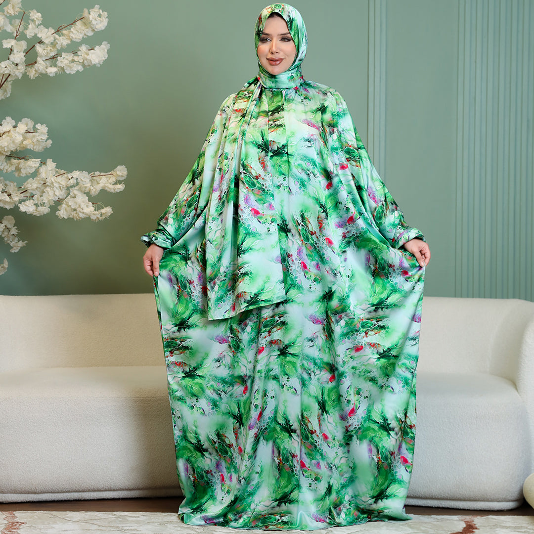 Practical Printed - silky satin prayer dress with headscarf