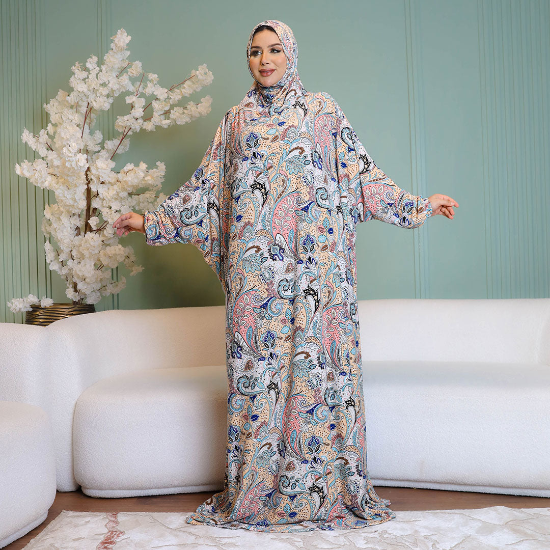 Practical  Kuwaiti Jersey prayer dress  with headscarf- Printed