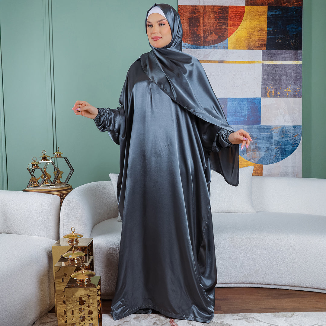 Practical plain silky satin prayer dress with headscarf