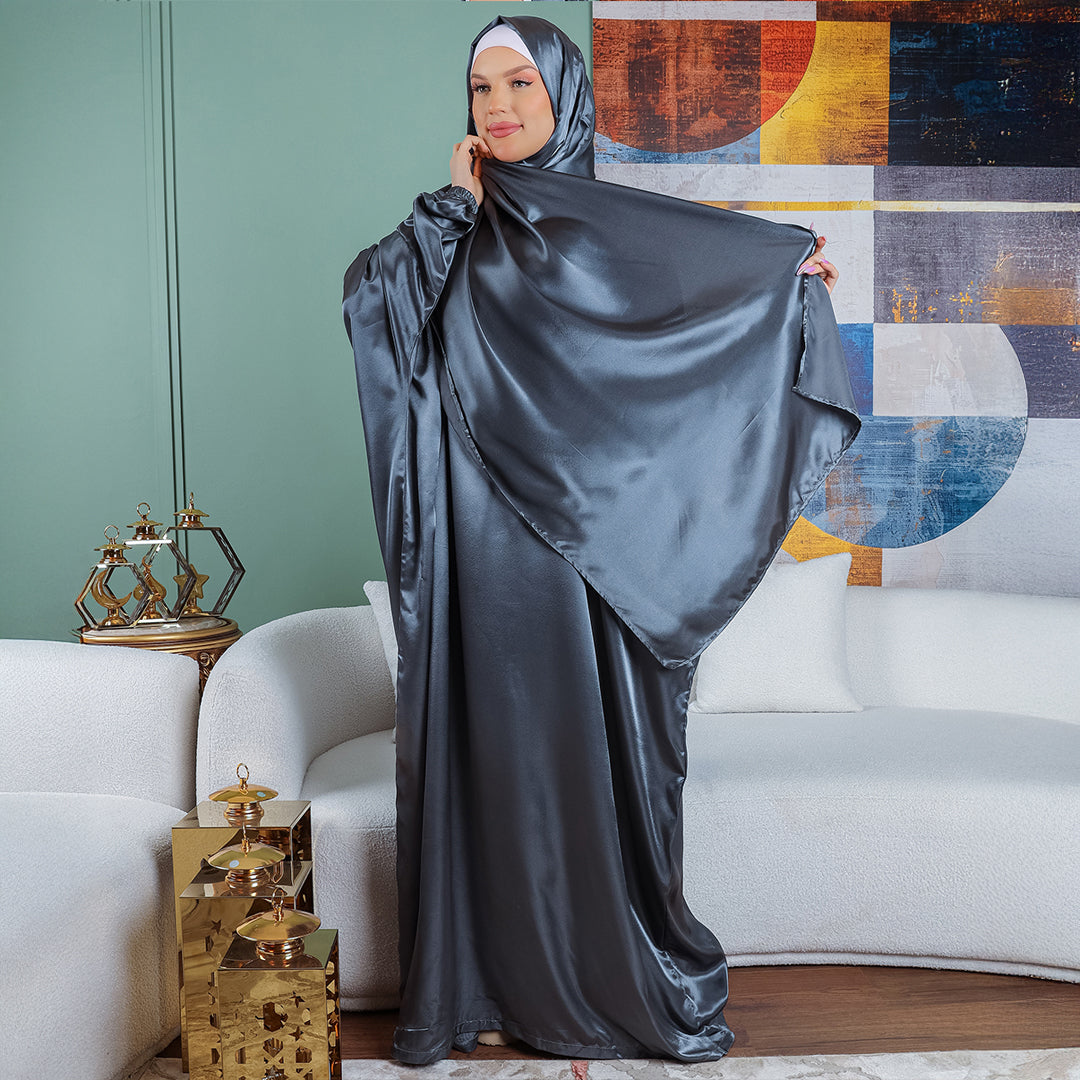 Practical plain silky satin prayer dress with headscarf