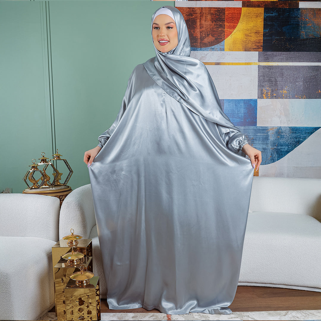 Practical plain silky satin prayer dress with headscarf
