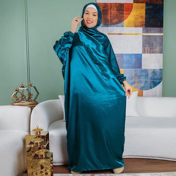 Practical plain silky satin prayer dress with headscarf