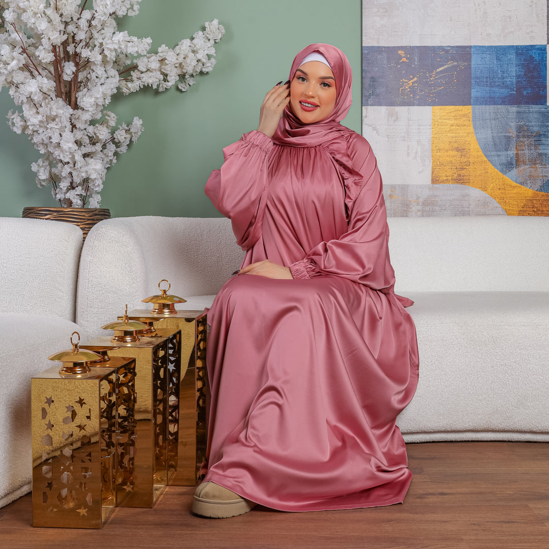 Turkish - Practical plain silky satin prayer dress with headscarf
