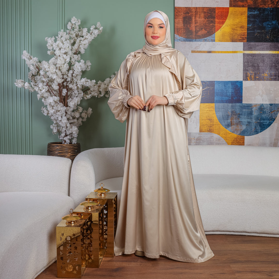 Turkish - Practical plain silky satin prayer dress with headscarf
