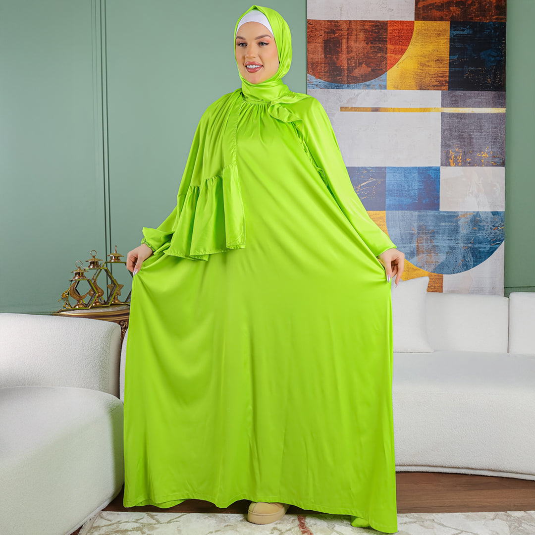 Turkish - Practical plain silky satin prayer dress with headscarf