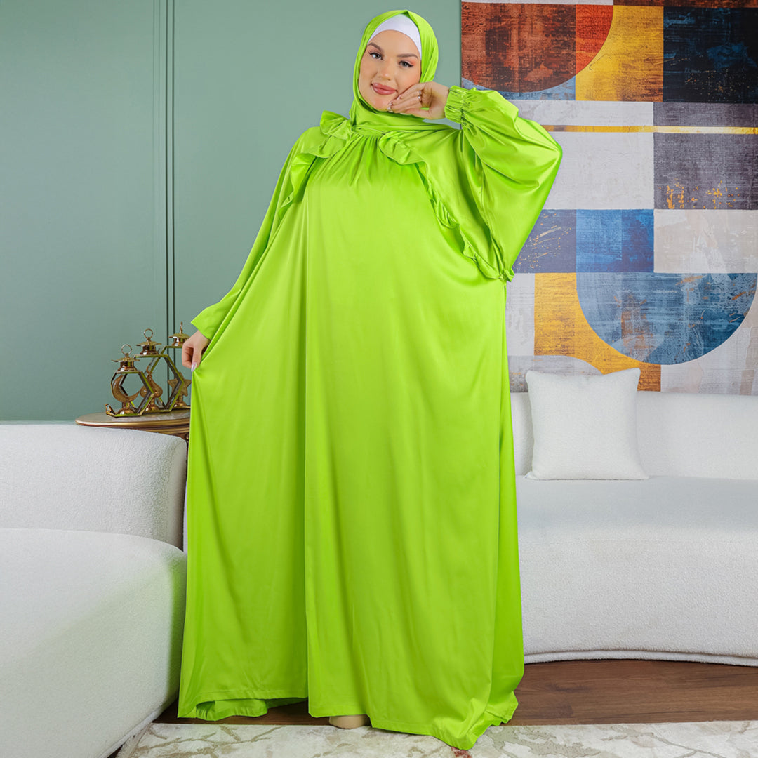 Turkish - Practical plain silky satin prayer dress with headscarf