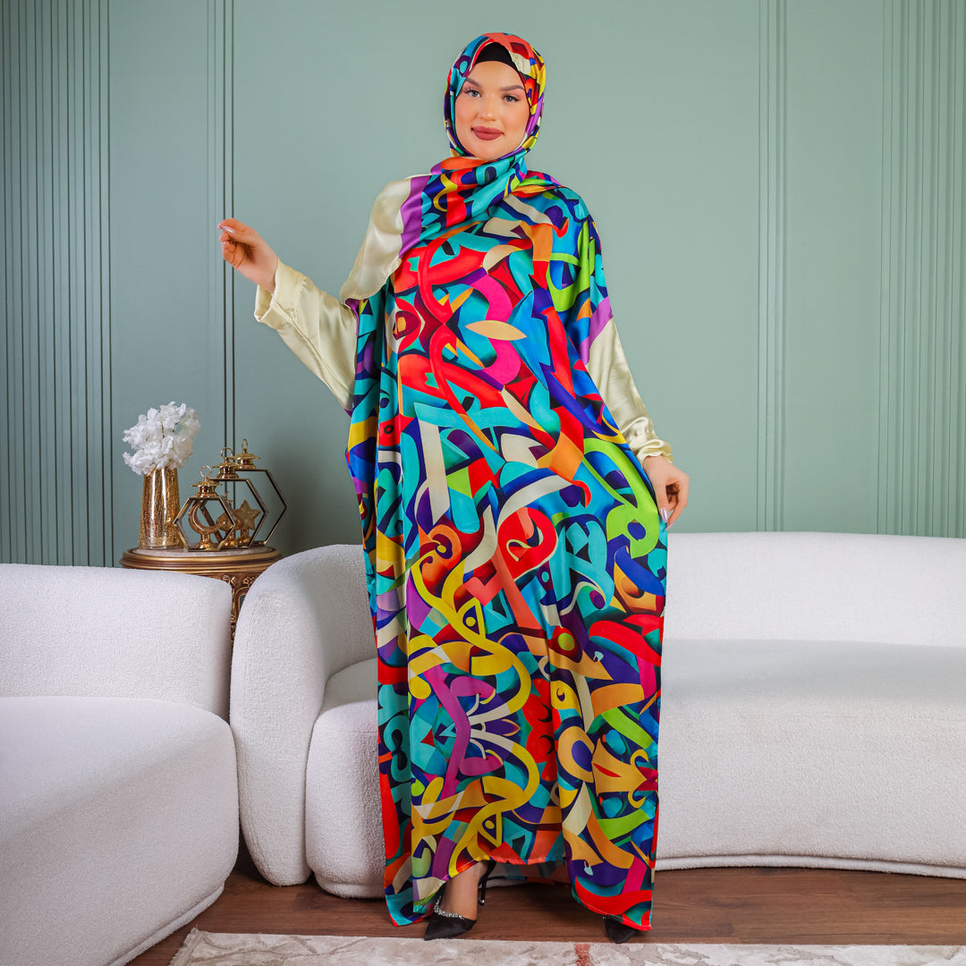 Practical Printed - silky satin prayer dress with headscarf