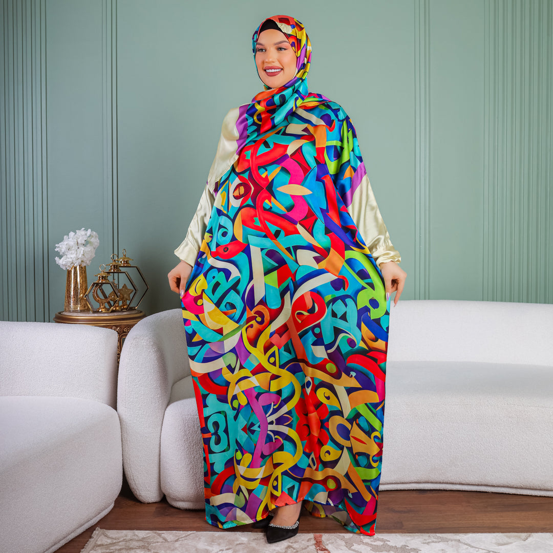 Practical Printed - silky satin prayer dress with headscarf