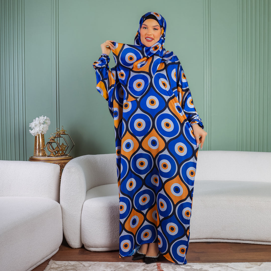 Practical Printed - silky satin prayer dress with headscarf