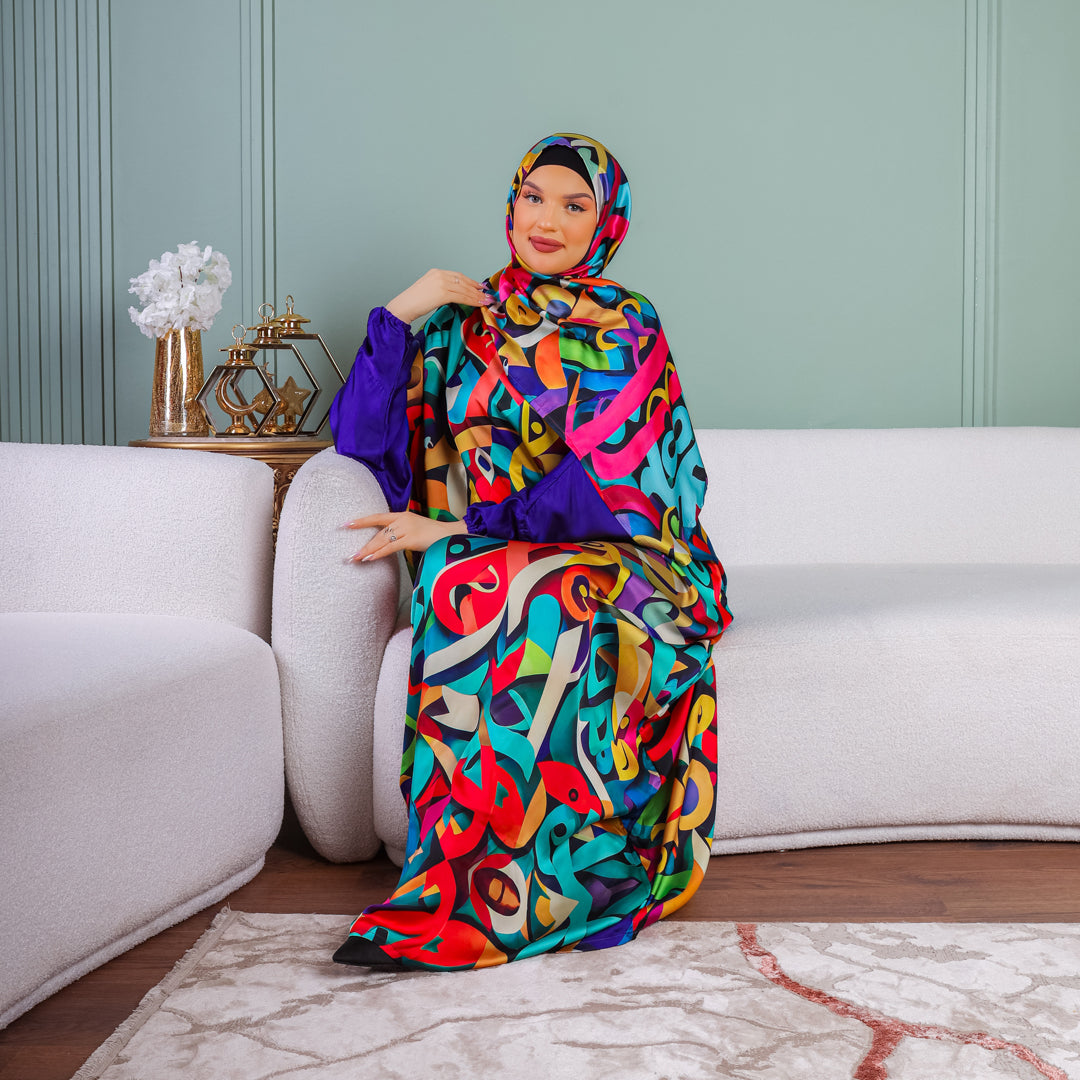 Practical Printed - silky satin prayer dress with headscarf