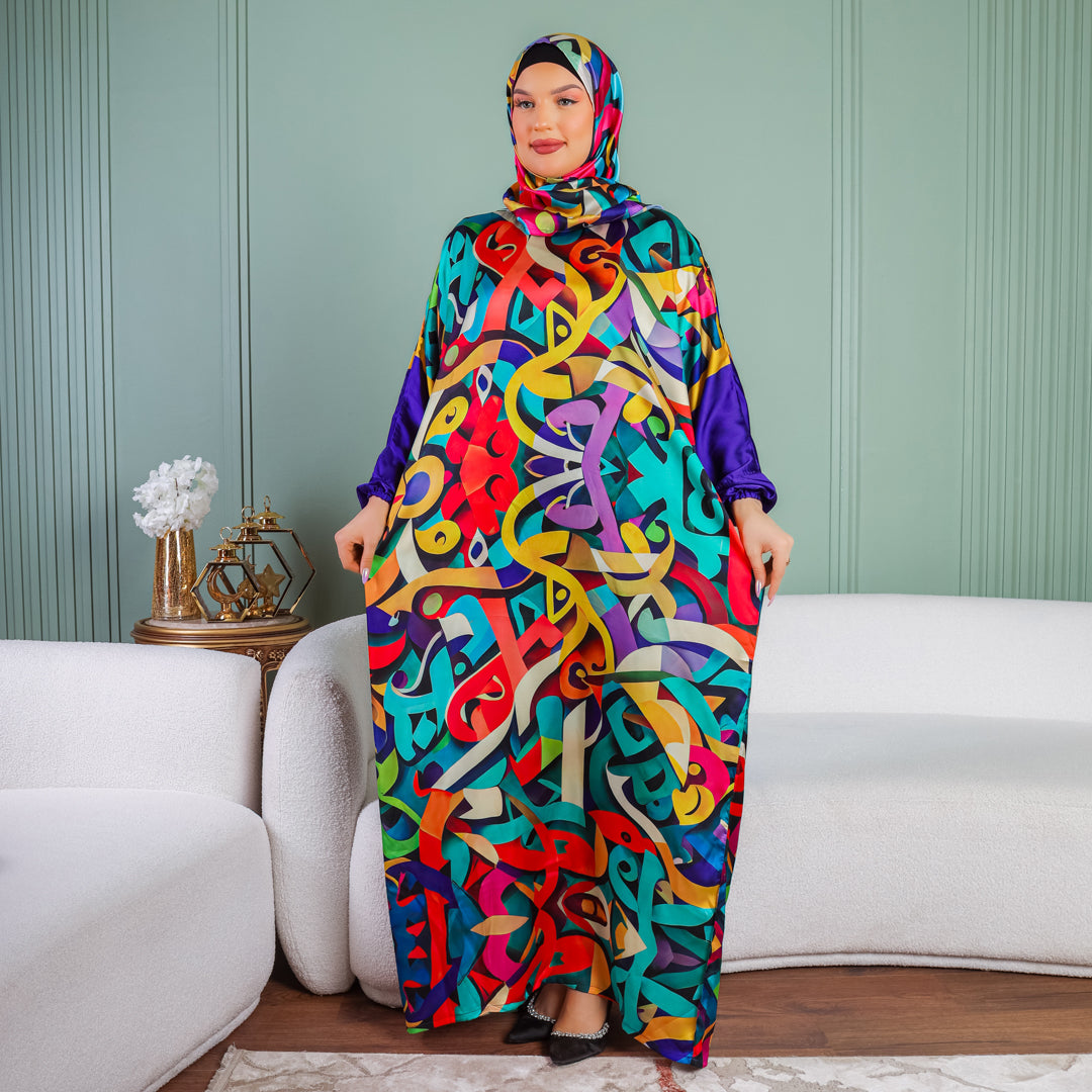 Practical Printed - silky satin prayer dress with headscarf