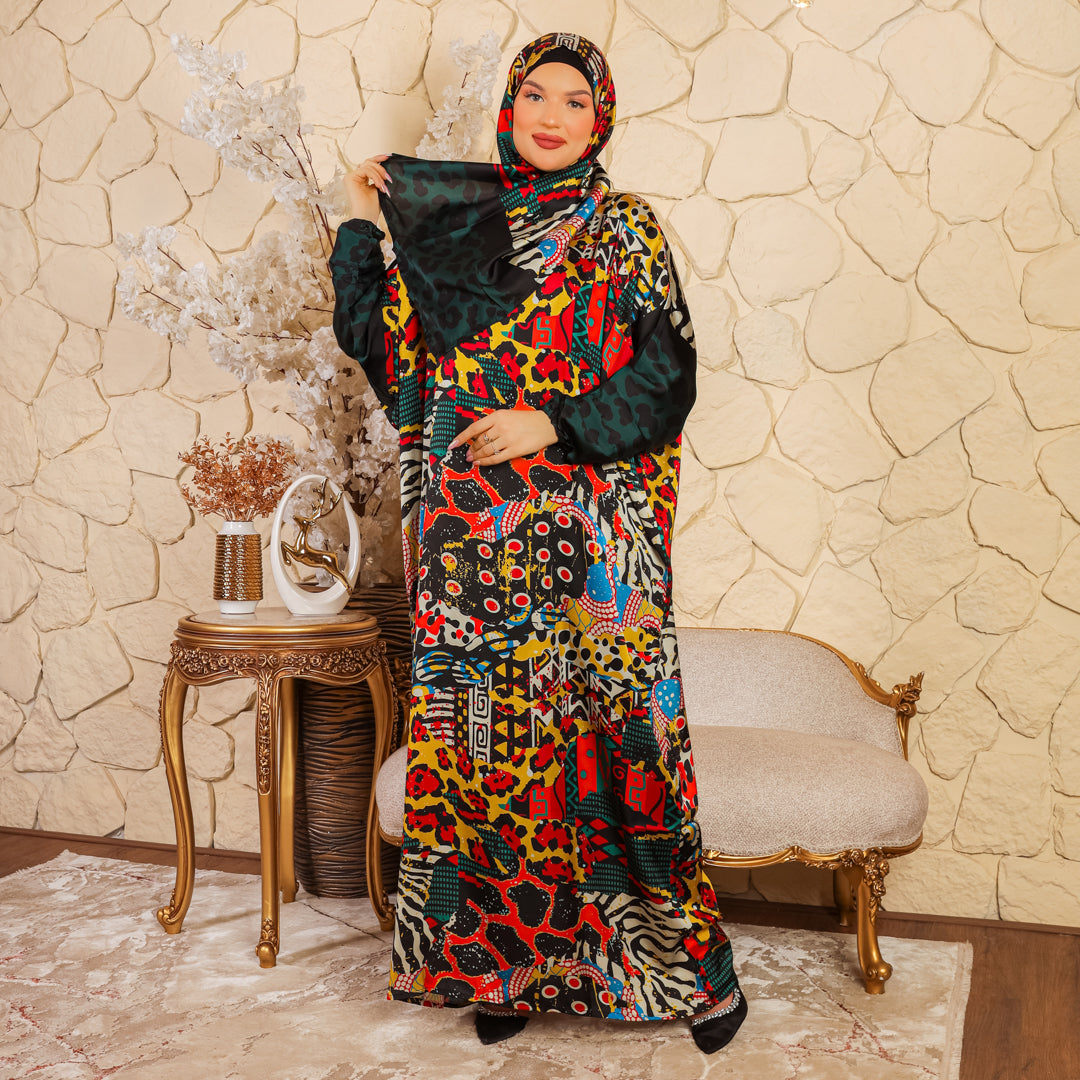 Practical Printed - silky satin prayer dress with headscarf