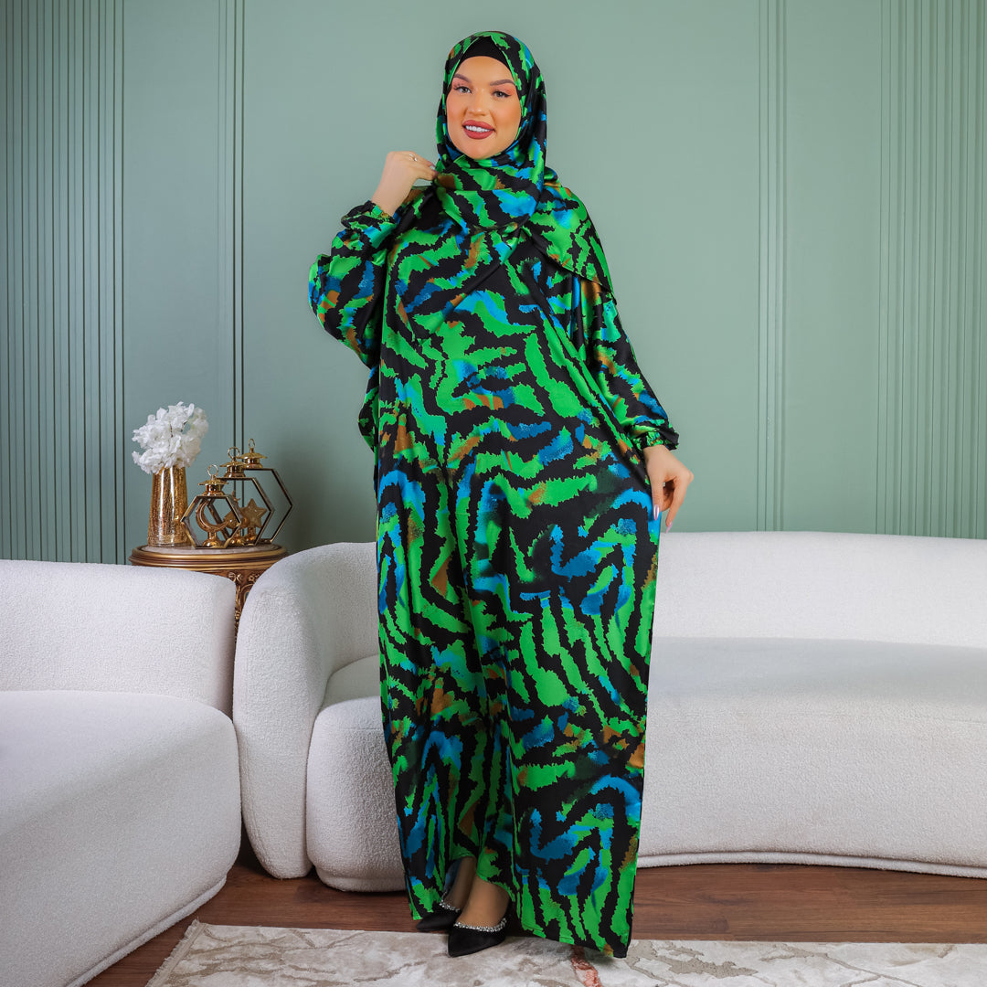Practical Printed - silky satin prayer dress with headscarf