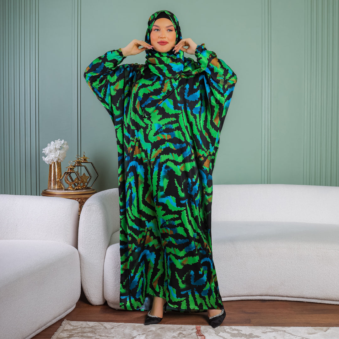 Practical Printed - silky satin prayer dress with headscarf