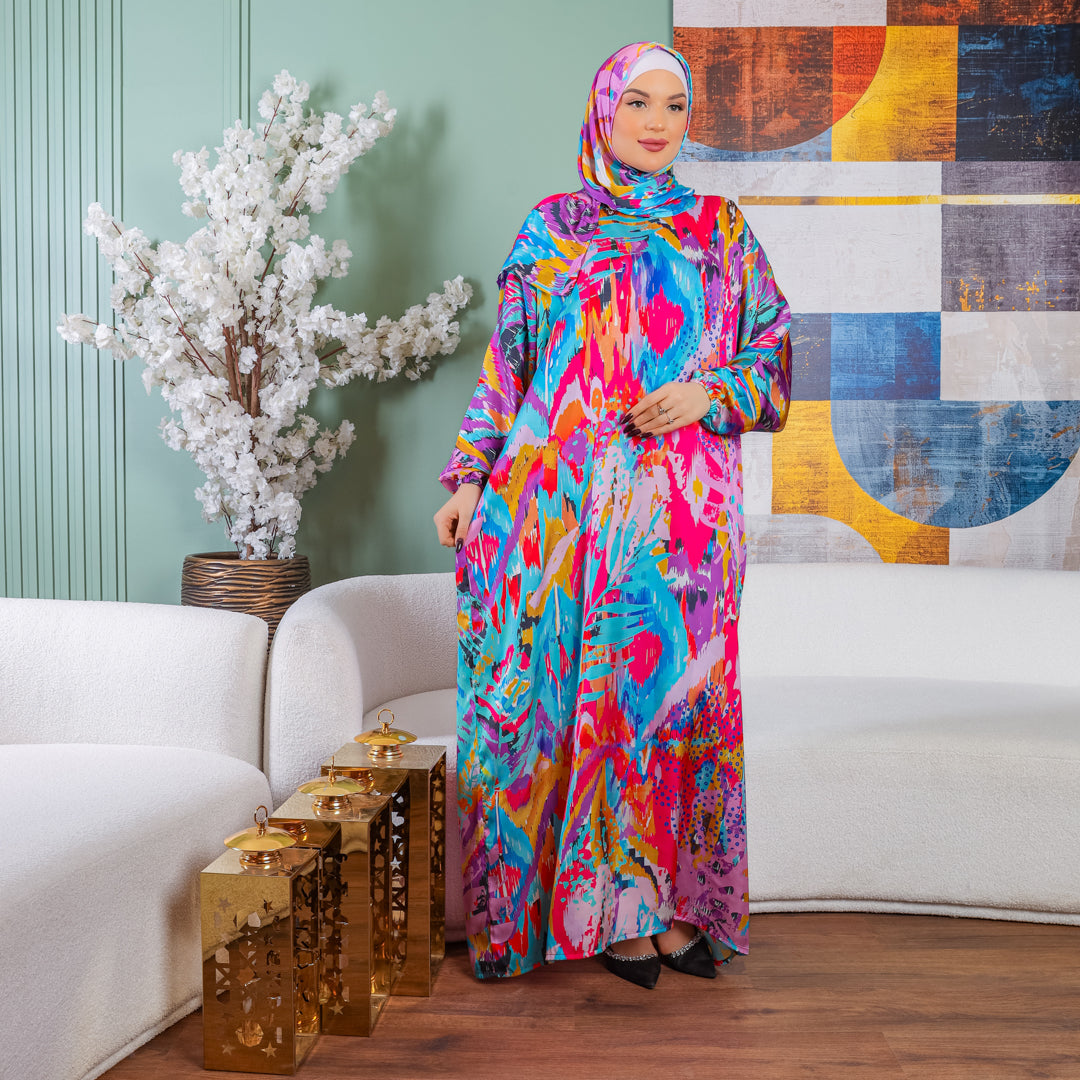 Practical Printed - silky satin prayer dress with headscarf