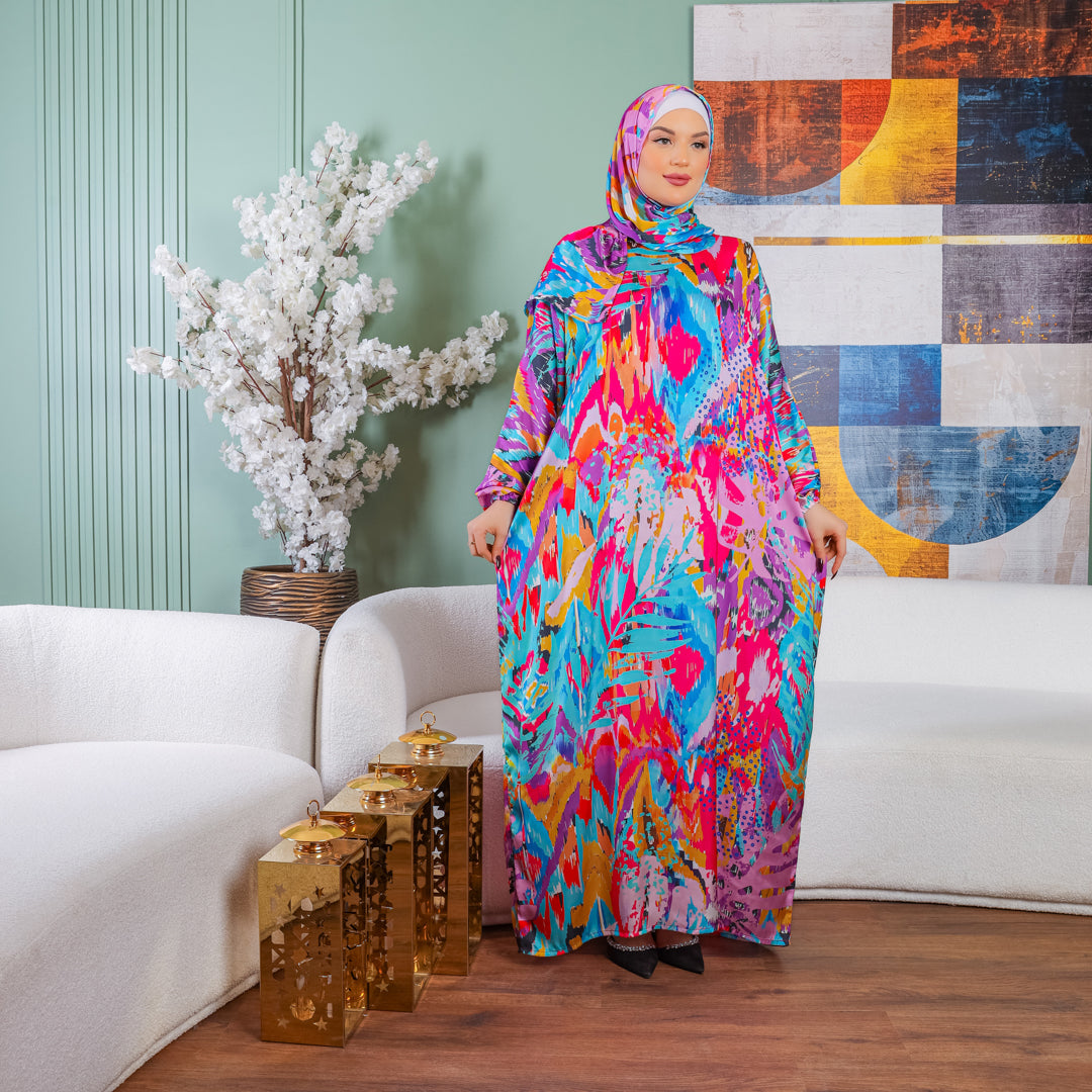 Practical Printed - silky satin prayer dress with headscarf