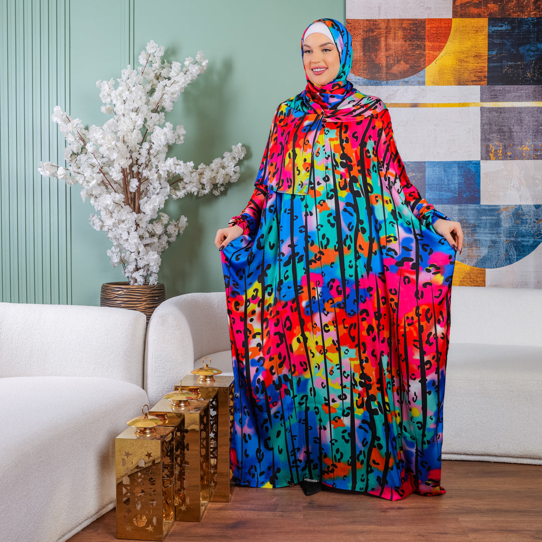 Practical Printed - silky satin prayer dress with headscarf