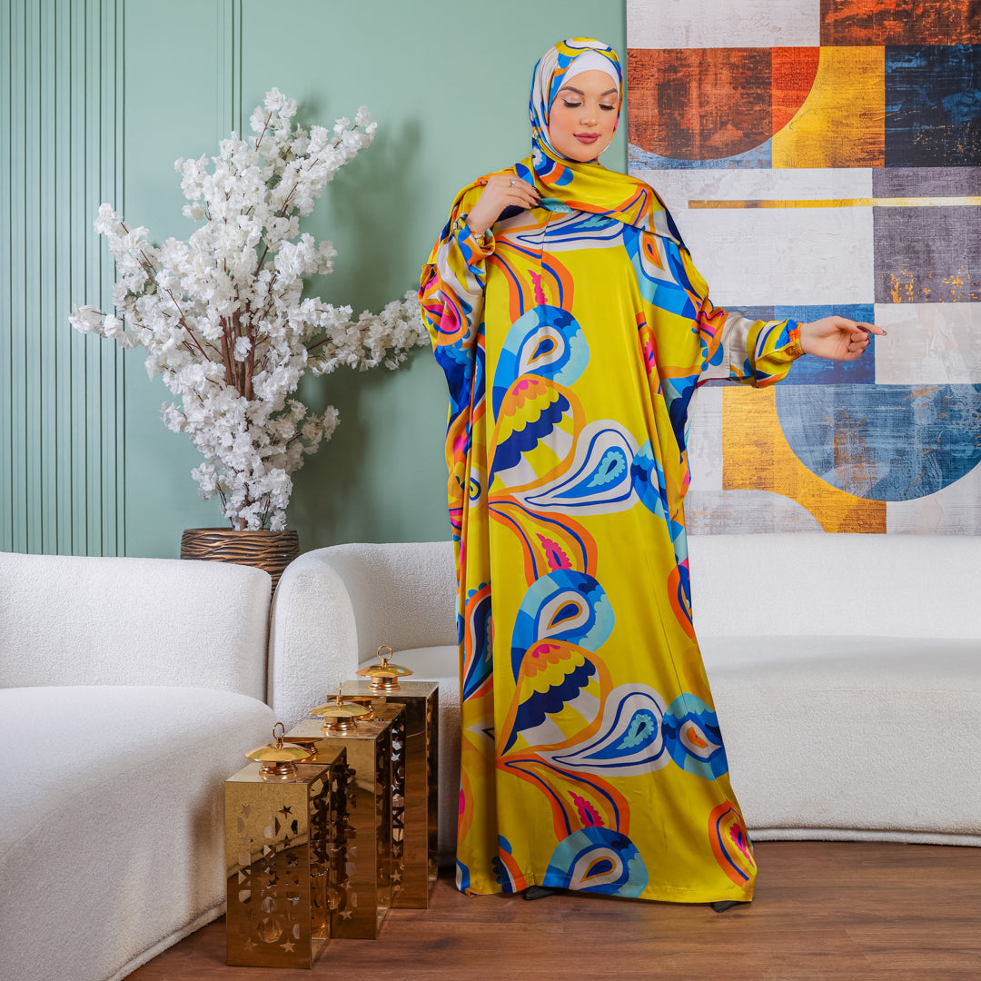 Practical Printed - silky satin prayer dress with headscarf