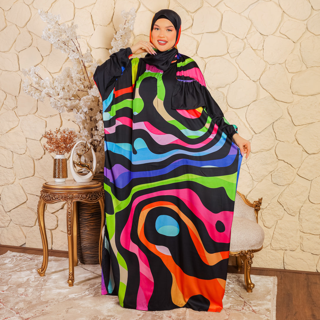 Practical Printed - silky satin prayer dress with headscarf