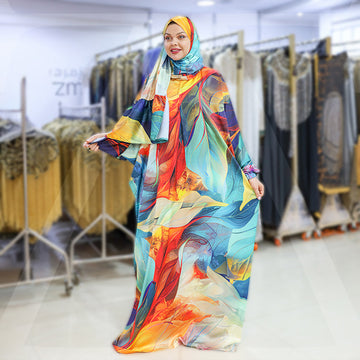Practical Printed - silky satin prayer dress with headscarf