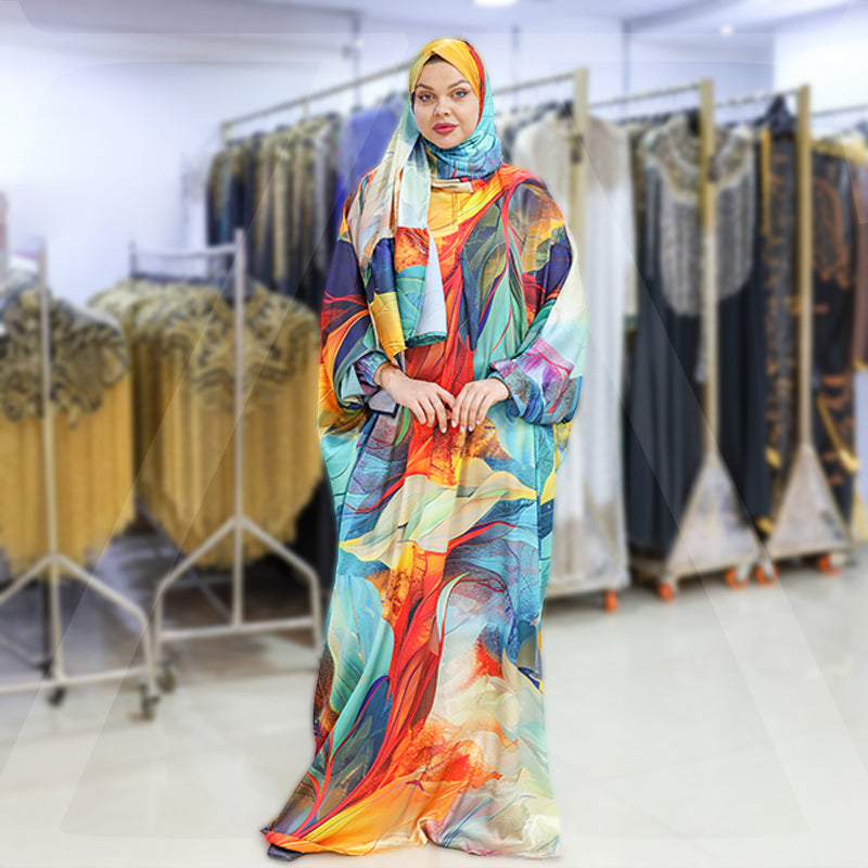 Practical Printed - silky satin prayer dress with headscarf