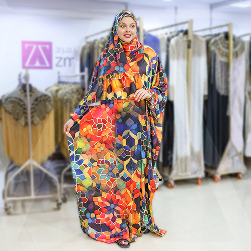 Practical Printed - silky satin prayer dress with headscarf