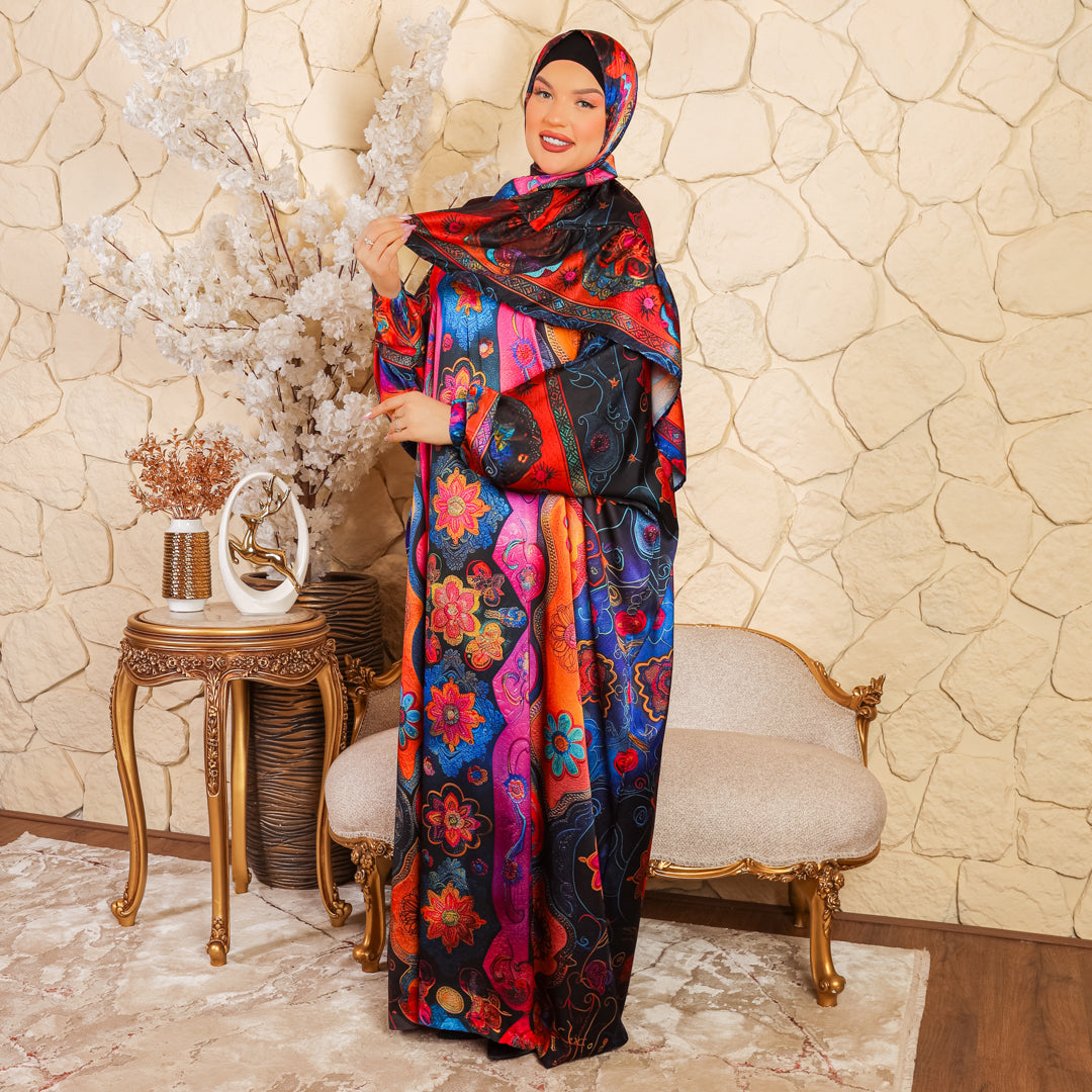 Practical Printed - silky satin prayer dress with headscarf