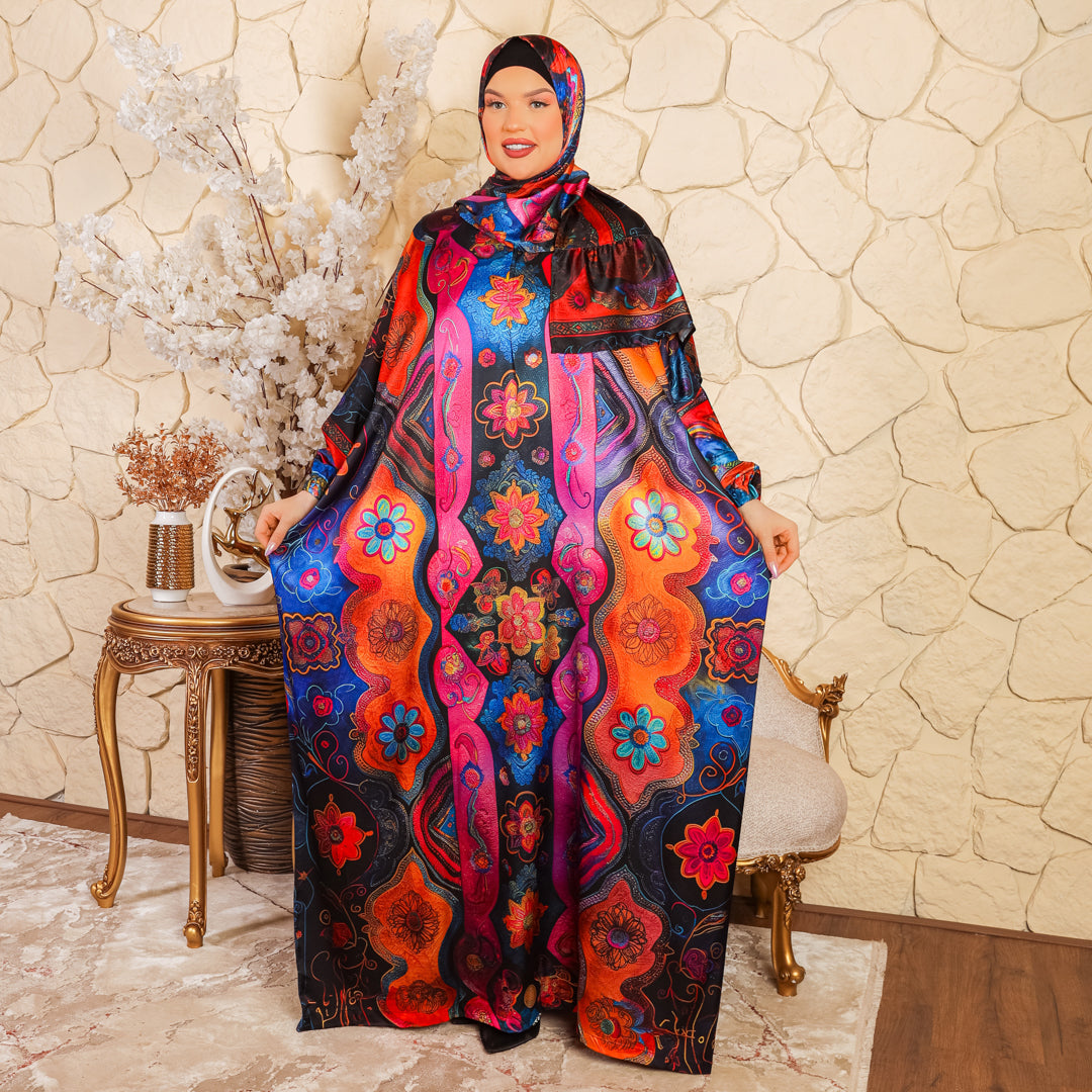 Practical Printed - silky satin prayer dress with headscarf