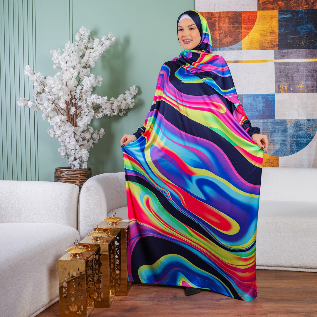 Practical Printed - silky satin prayer dress with headscarf