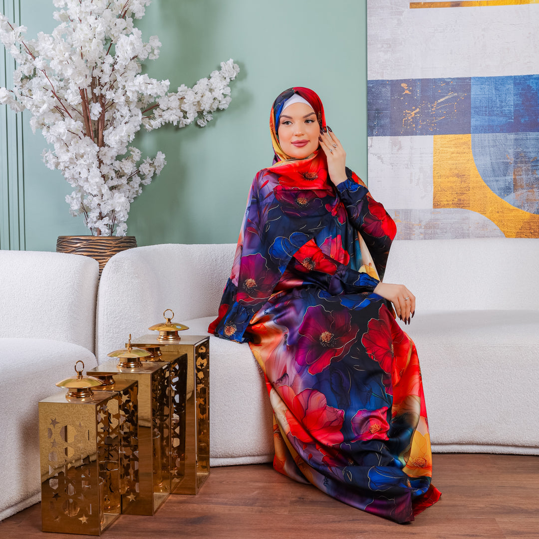 Practical Printed - silky satin prayer dress with headscarf