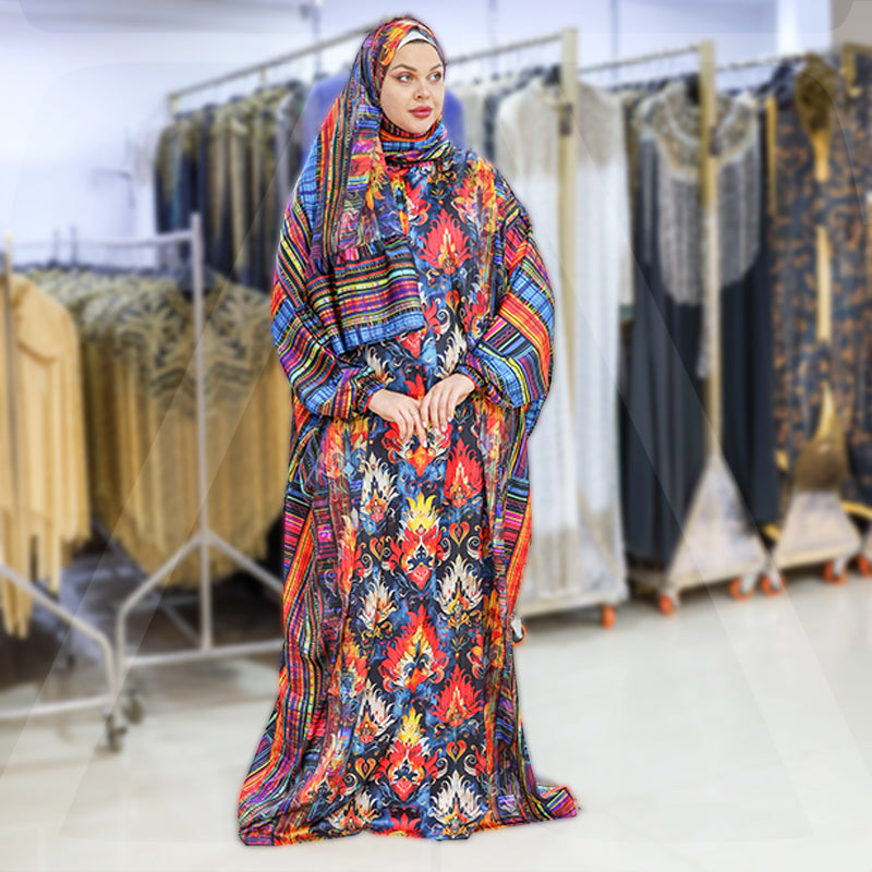 Practical Printed - silky satin prayer dress with headscarf